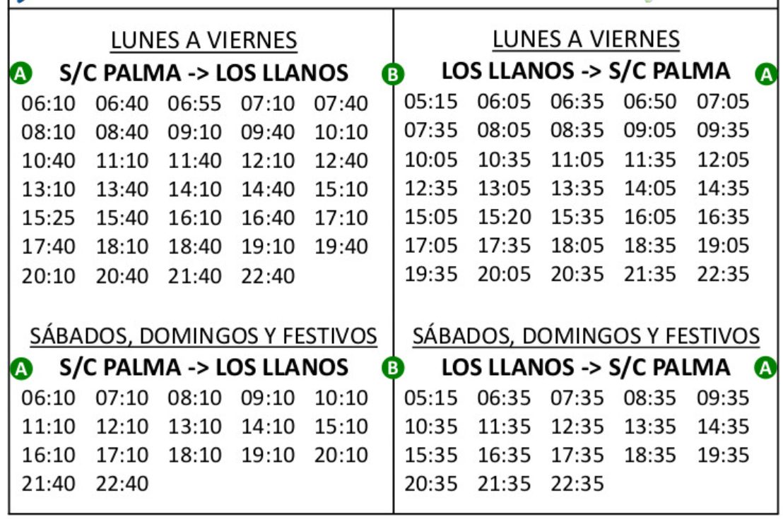 Week and weekend bus timetable for the route Los Llanos and Santa Cruz de la Palma