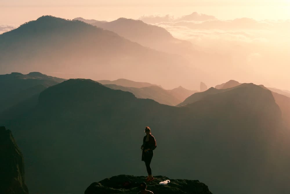 Stunning shadows of mountain peaks during a beautiful sunset in Gran Canaria, Spain