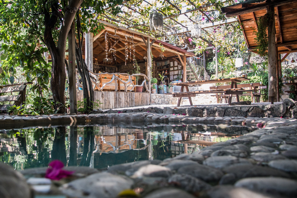 A small pond in the center of the dining area, lots of greenery and a natural feel.