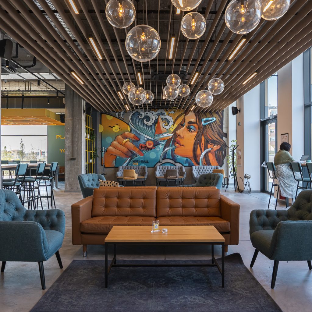 the lobby in Hotel Campus 90 - the quirkiest hotel in Varna - leading to an affiliate link in booking.com 
