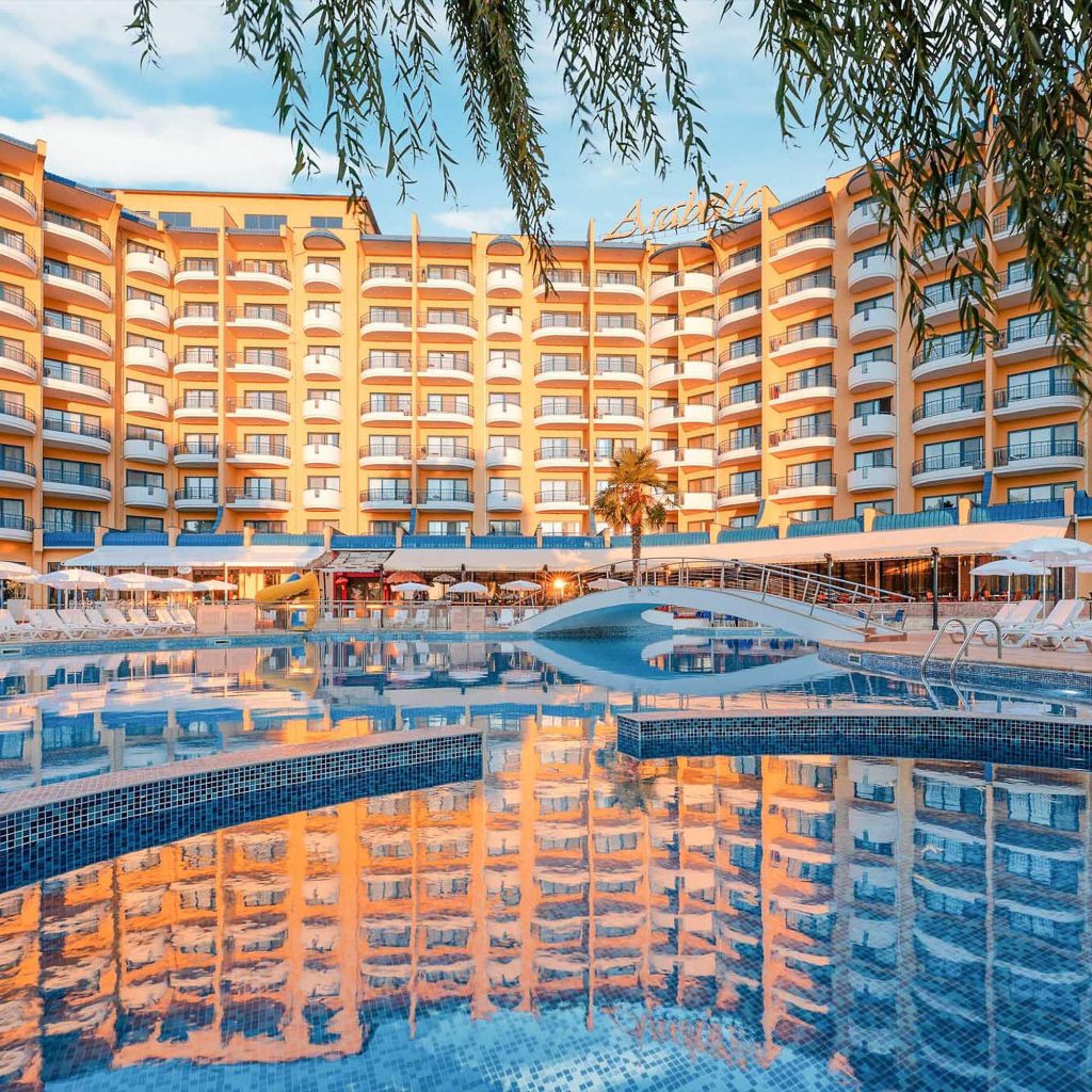 Main pool terrace in Club Hotel Arabella - rated best all inclusive and family friendly hotel in Varna - leading to an affiliate link in booking.com 