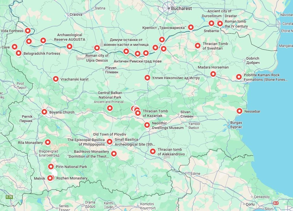 A screenshot of a map of Bulgaria and the Bulgarian UNESCO Sites - leading to an external link in google maps lists