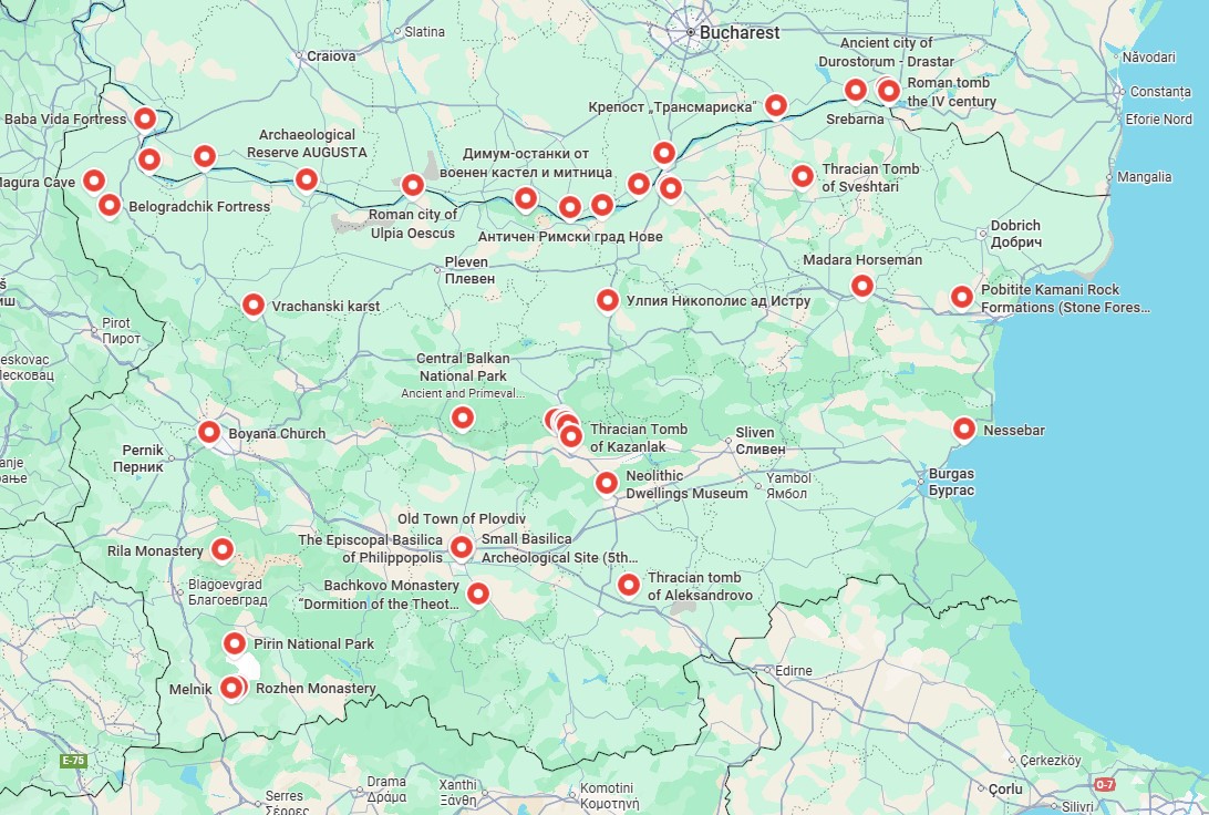 A screenshot of a map of Bulgaria and the Bulgarian UNESCO Sites - leading to an external link in google maps lists