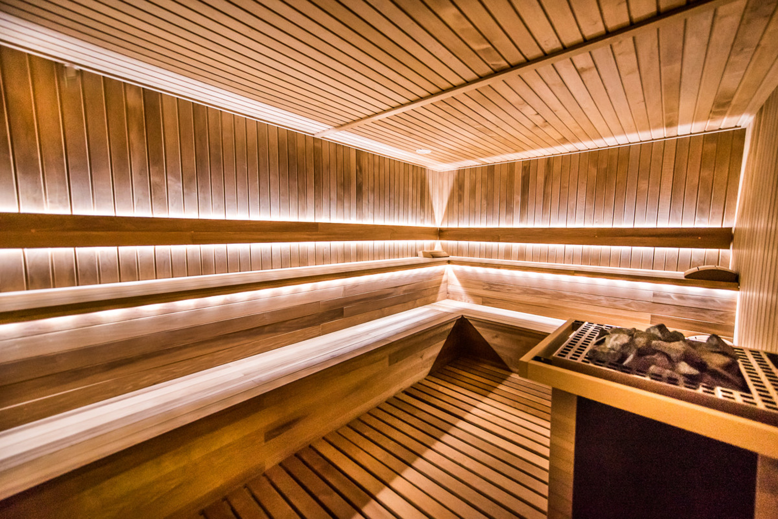 Well lit warm sauna in the Spa of hotel Natura all Seasons leading to a booking affiliate link