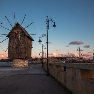 The windmill in Nessebar Old Town during sunset