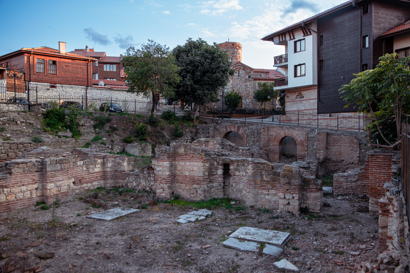 excavations below street level of early byzantine baths in Nessebar surrounded by houses