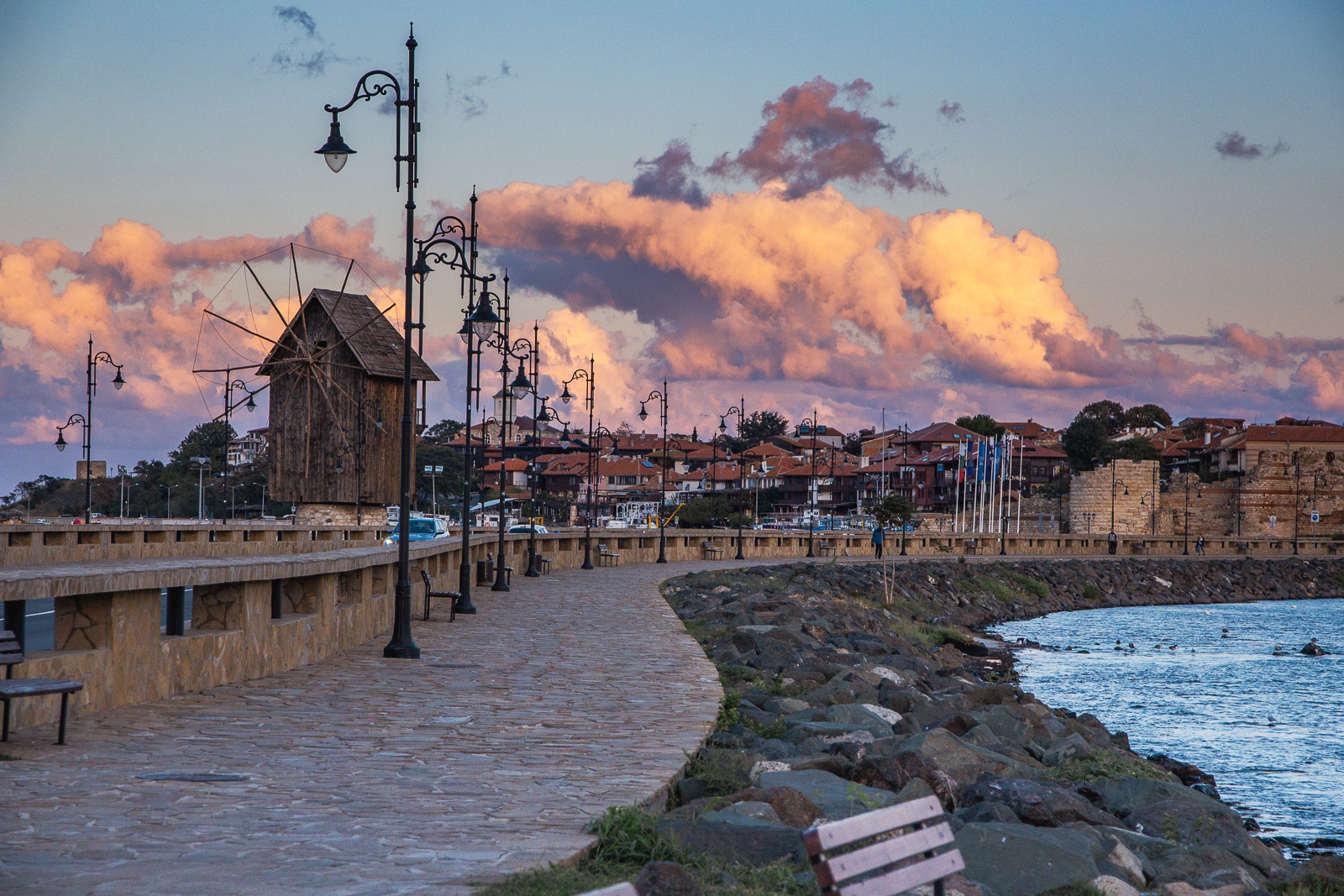 Nessebar's promenade with the wooden windmill in the background