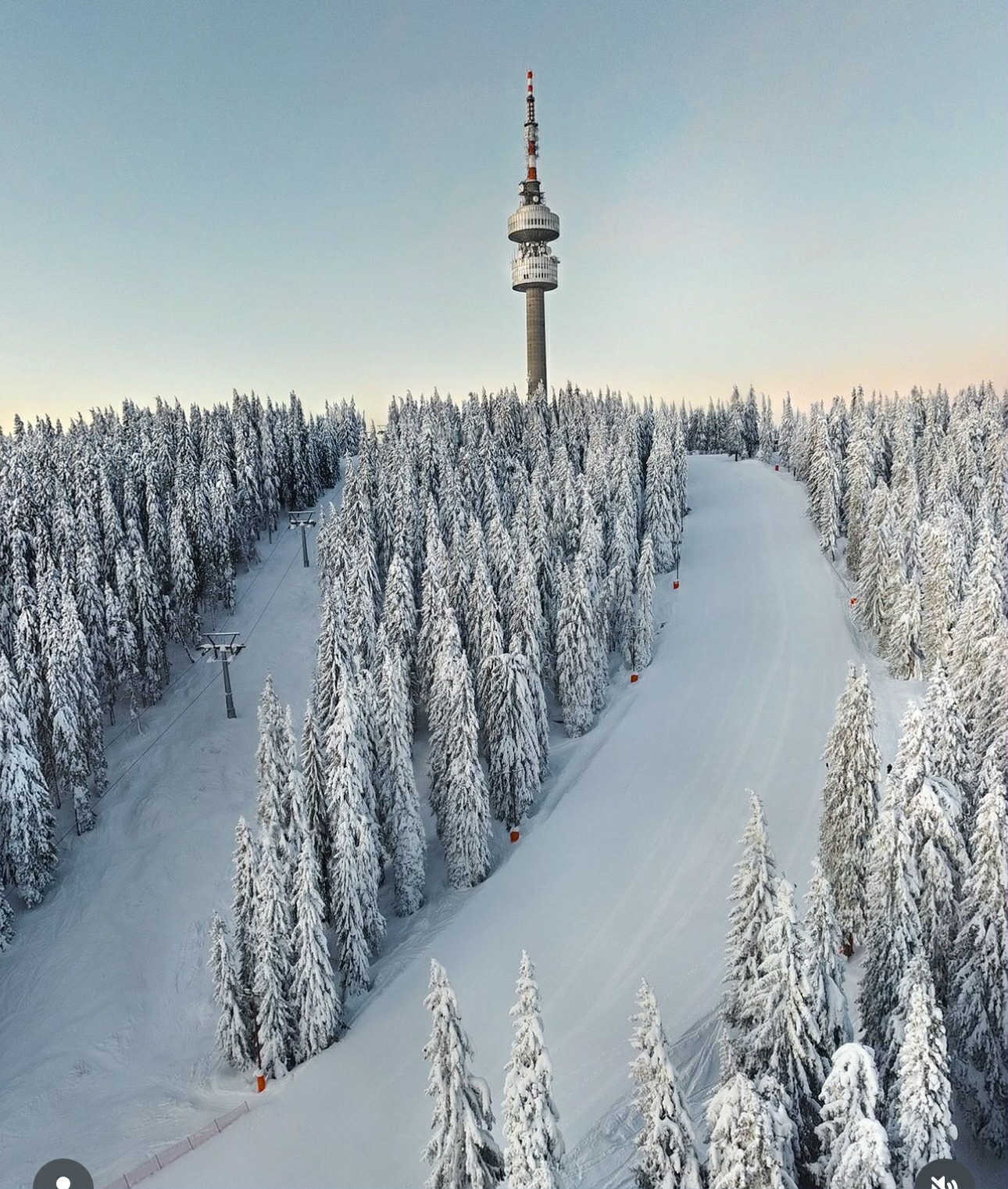 Snezhanka tower panorama in Pamporovo during snowy winter