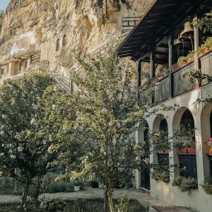View of the garden, the monastery and the rock hewn church