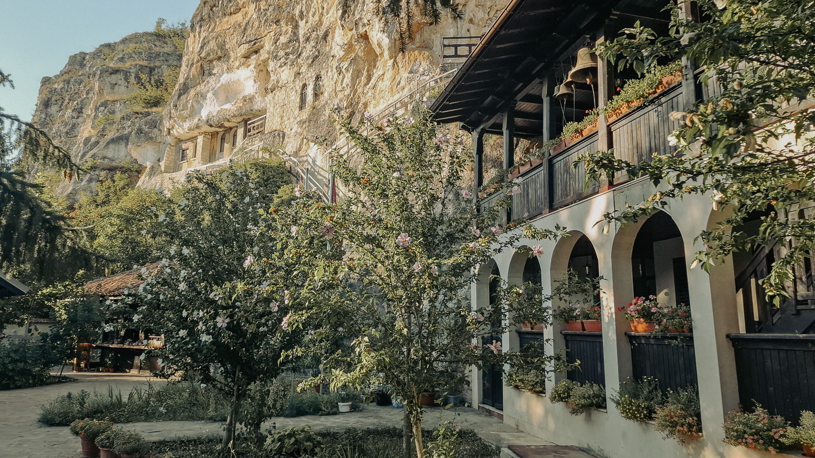 View of the garden, the monastery and the rock hewn church