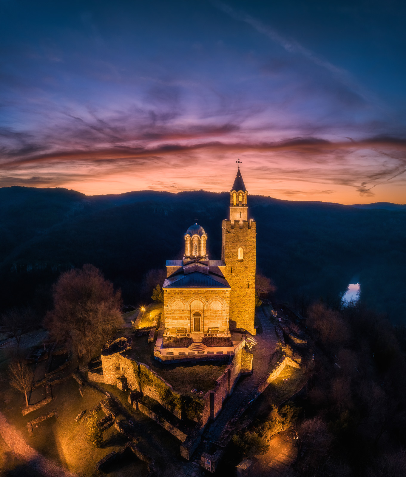 the church lit during the night