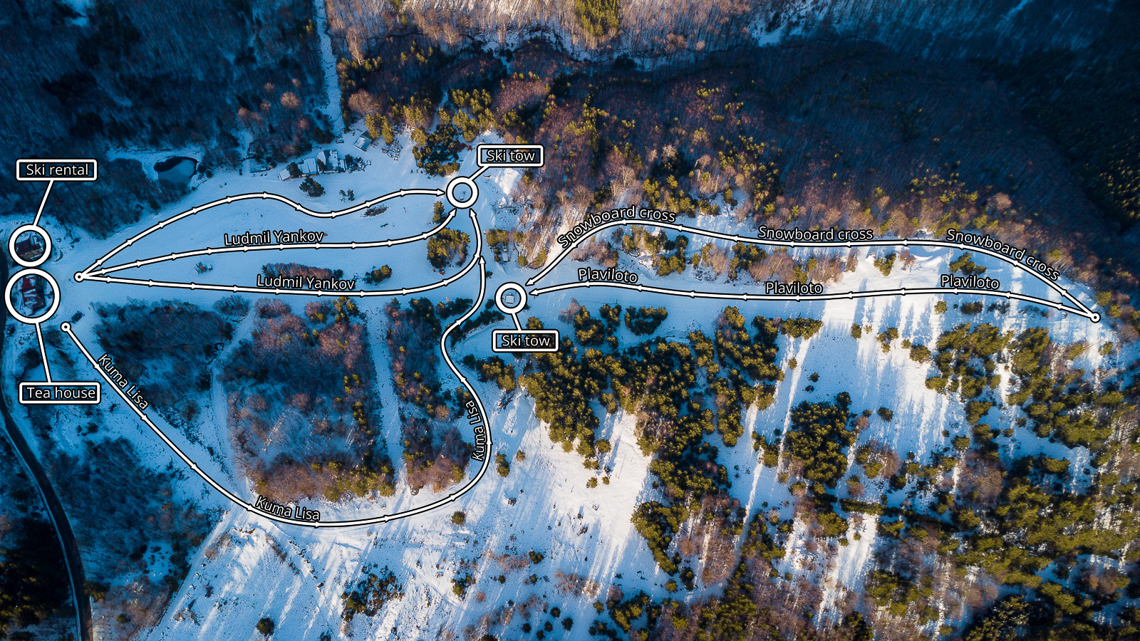 Bird eye photo of the slopes below the road with slope names