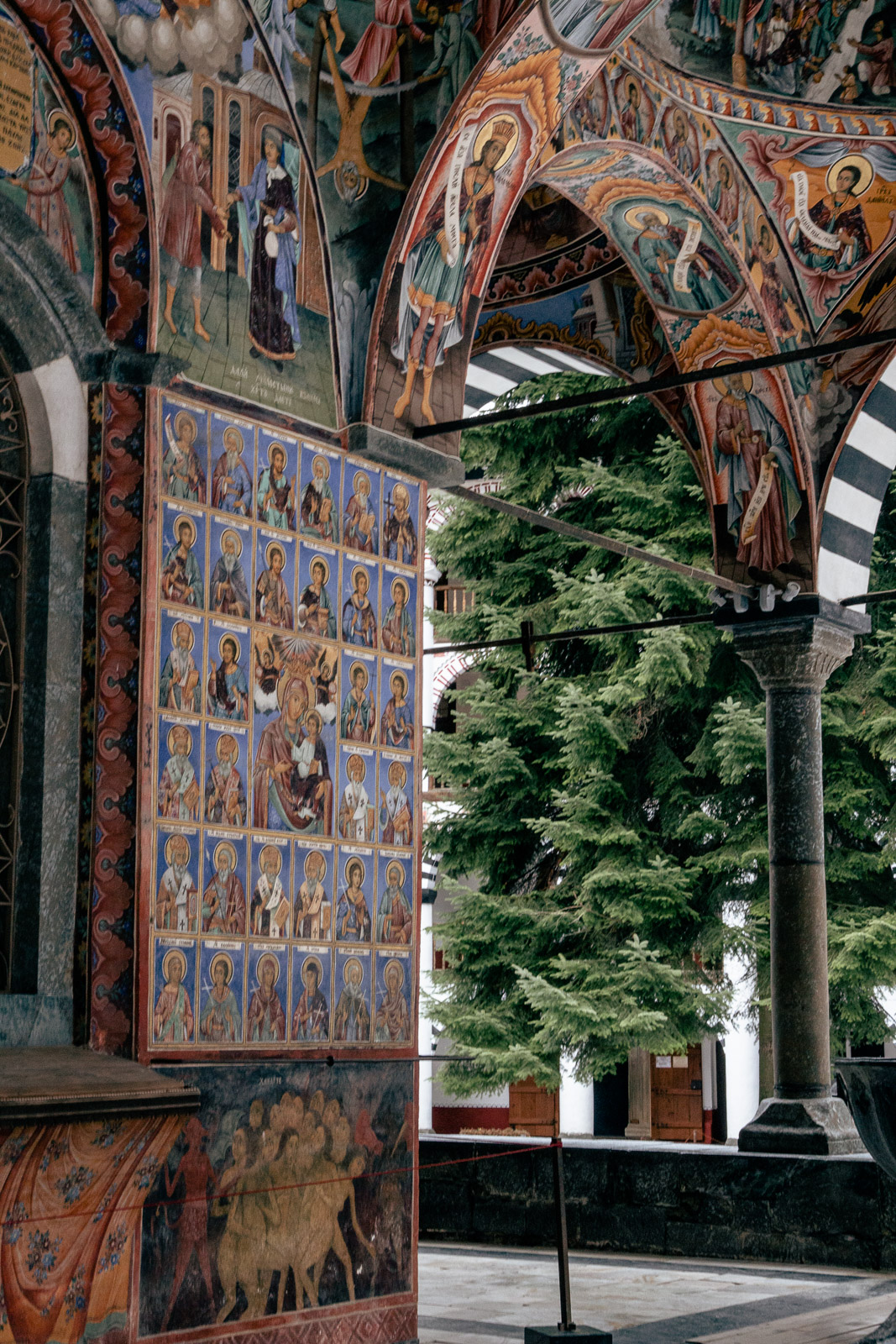 Colorful frescoes adorn church walls.