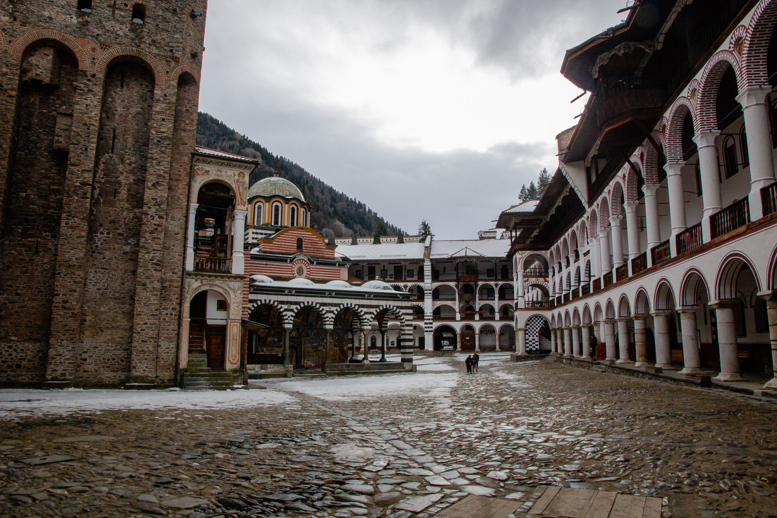 Historic monastery courtyard with architecture