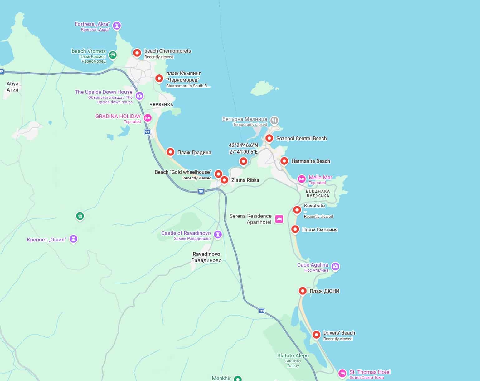 Google maps screenshot linking to Google maps list with Sozopol beaches