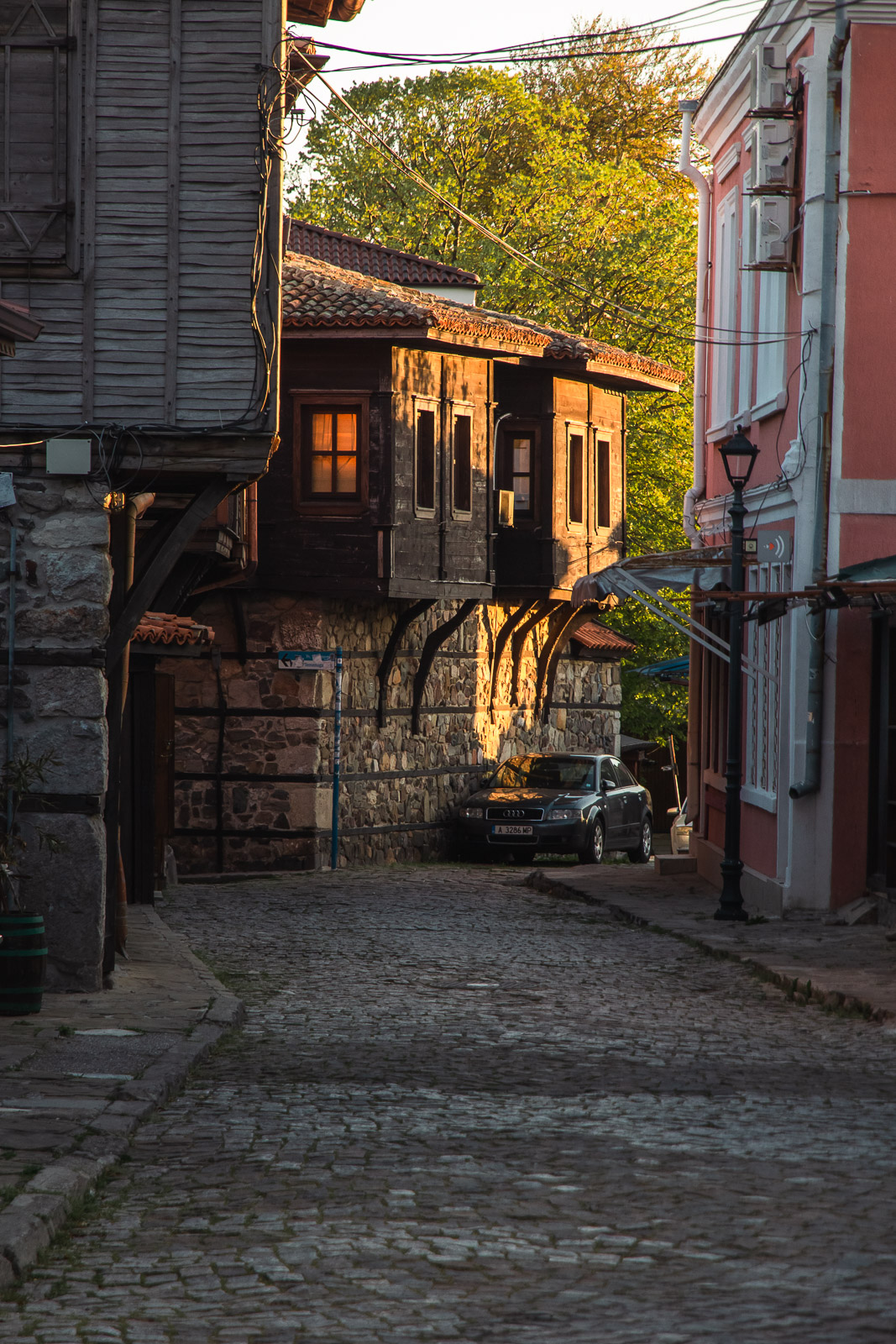sozopol old town street with cobble stones and black sea style houses