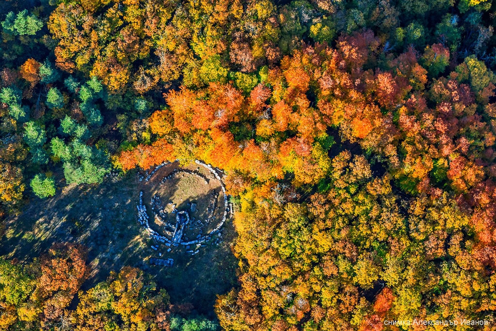 Forest and ritualistic ruins from a drone
