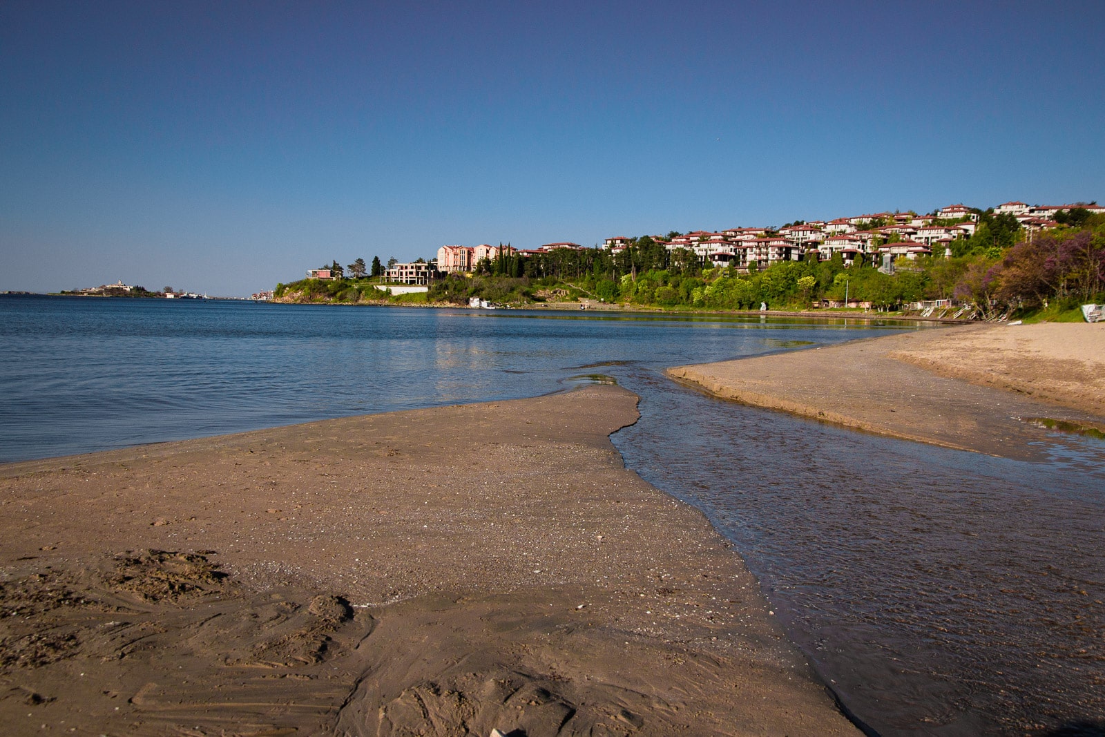 Tranquil beach scene with clear blue waters meeting a sandy shore