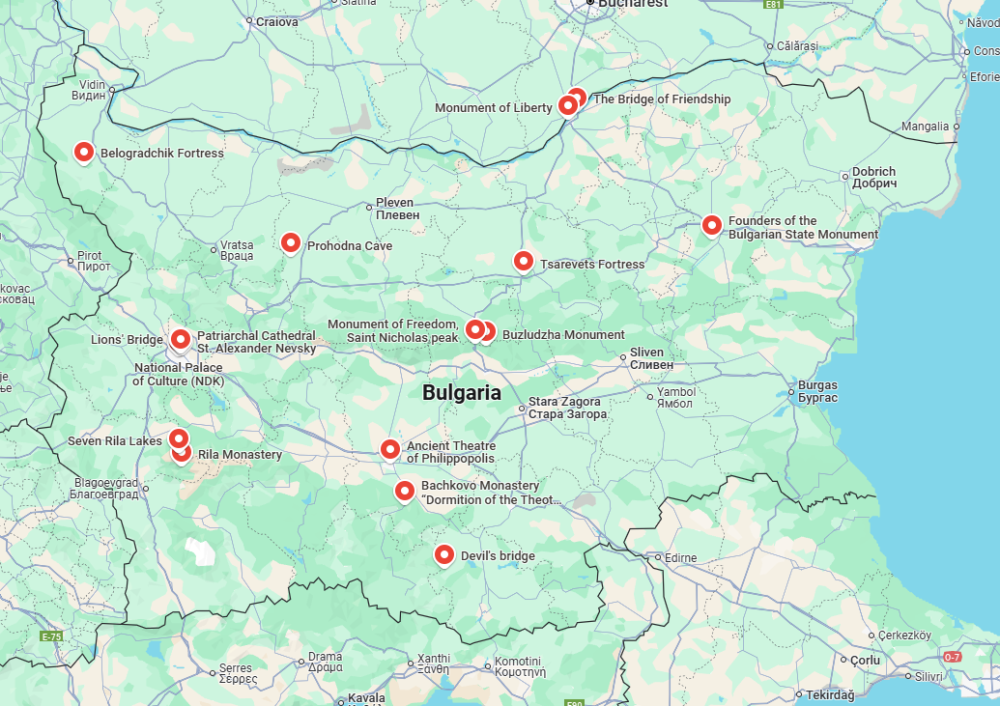 A free map of landmarks in Bulgaria
