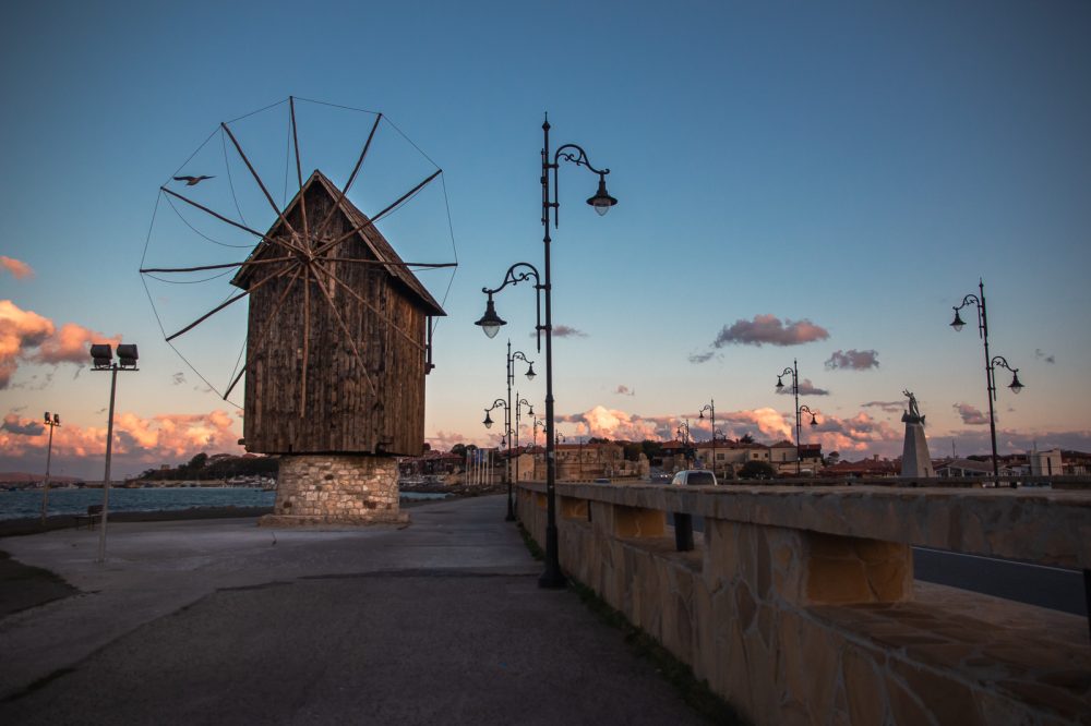 The windmill in Nessebar Old Town during sunset