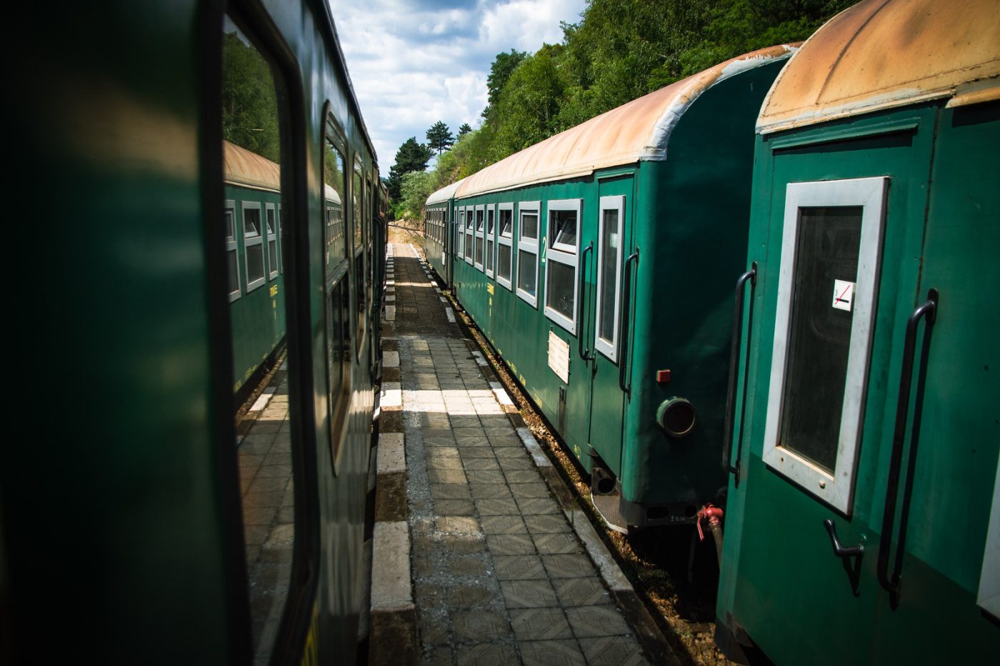 Old green Bulgarian train wagons