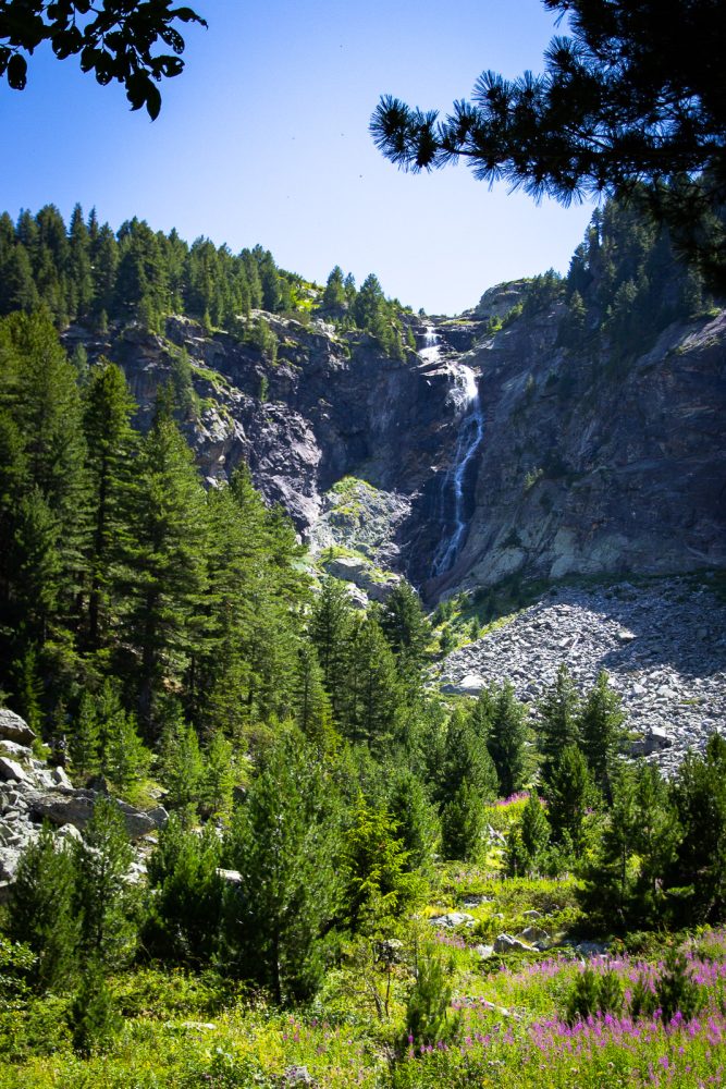 A stunning view of Skakavitsa Waterfall flowing from a high mountain, framed by vibrant foliage and rugged terrain